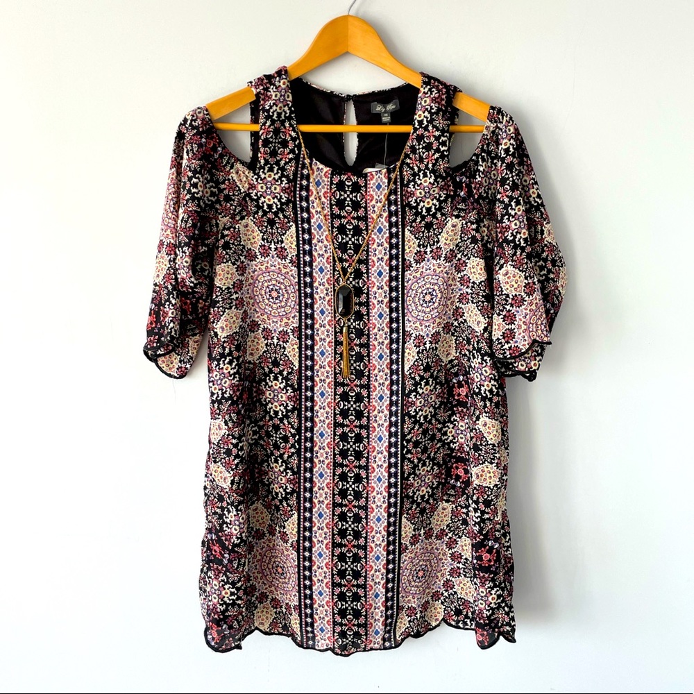 Lily Rose Bohemian Floral Chiffon Cold Shoulder Mid Shift Dress